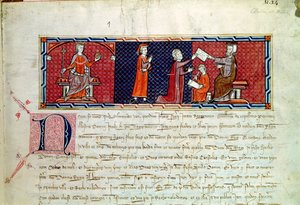 En kvinne som avlegger en ed foran kong James I (1207-76) av Mallorca, fra Capbreu de Clayra et de Millas, 1292 av Spanish School