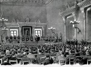 En samling katalanske nasjonalister samlet seg i rådhuset i Manresa for å utarbeide de 16 basene for å tjene den katalanske regionale grunnloven i 1892. Tegning av Jaume Pahissa. av Spanish School