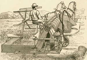En høstemaskin, trukket av hester, som bandt maisskivene mekanisk, brukt på slutten av 1800-tallet. Fra El Museo Popular publisert Madrid av Spanish School