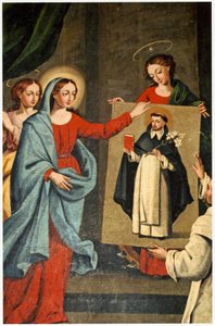 En helgen som presenterer et portrett av Saint Dominic til Jomfru Maria (se også 308139)