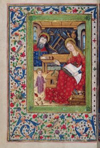 Legg til 18193 f.48v Den hellige familie i Josephs snekkerforretning, latin med spanske rubrikker, fra en 
