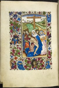 Legg til MS 50004 f.70v Jomfru Maria som holder Kristi legeme, med to disipler og kvinner ved siden av seg, fra en 