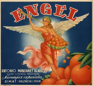 Reklame for appelsiner, bilde av en bevinget kvinne. Reklameplakat, Valencia av Spanish School