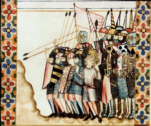 Armee des croises Detalj av en side hentet fra et manuskript av Sangen om Sankt Maria (Cantigas de Santa Maria), dekorert miniatyrer dedikert til Sankt Maria og hennes mirakler, en samling av sanger redige under regimet til Alfonso X den vise (1221- 1284). av Spanish School