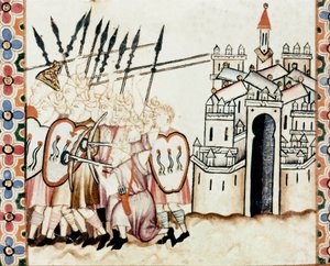 Armee of the Moors som forsvarer en by Detalj av en side hentet fra et manuskript av Sangen om Sankt Maria (Cantigas de Santa Maria), dekorerer miniatyrer dedikert til Sankt Maria og hennes mirakler, en samling av sanger redige under regene til Alfonso X.  av Spanish School