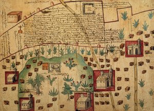 Ayer MS 1801 Kart 1: Kart over land i Tultepec- og Jaltocan-regionene ved siden av Hacienda de Santa Ines, Mexico, publisert 1569