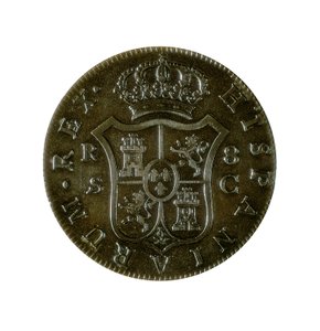 Mynt av 8 spanske realer, kastiliansk valuta slått i Sevilla under Charles IVs regjeringstid (1748-1819) av Spanish School