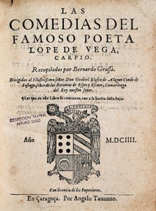 Omslag til komediene til den berømte poeten Lope de Vega, av Felix Lope de Vega Carpio (1562-1635), utgave av 1604 (trykt monografi) av Spanish School