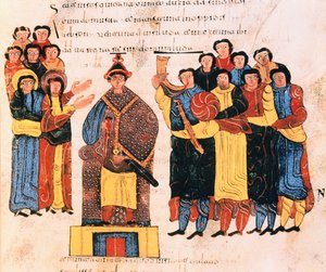 David blir utropt til konge før folket i Juda, fra den visigotisk-mosarabiske bibelen til St. Isidores, fol.125r., 960 e.Kr. (tempera på vellum)