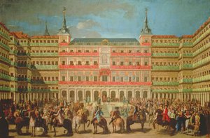 Dekorasjon av Plaza Mayor for inngangen til Carlos III til Madrid av Spanish School