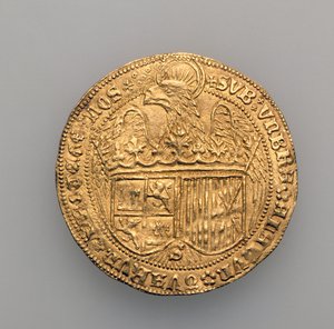 Dobbel utmerket av Ferdinand II av Aragon (1452-1516) og Isabella av Castille (1451-1504), Sevilla mynt, 1475 (gull) (se 168057) av Spanish School