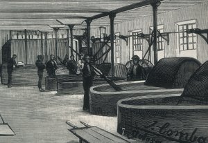 Økonomi (1800-tallet). Papirfabrikk i Spania "" La Guipuzcoana "". Sylinderrom og vasker av fabrikken som ligger i Tolosa (Guipuzcoa). gravering av Spanish School
