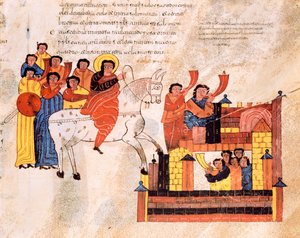 Kong Davids inntog i Jerusalem til lyden av trompeter, fra den visigotisk-mosarabiske bibelen til St. Isidores, fol.135r., 960 e.Kr.