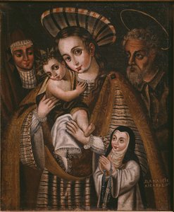 Ex voto, hellig familie med St. Anne og nonnen i klosteret, Ana de Ibaizabal av Spanish School