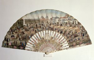 Vifte som viser Plaza de la Cebada, Madrid (elfenben og gouache på papir) av Spanish School