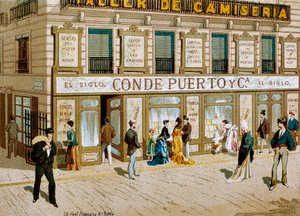 Mote: reklameplakat for stoffbutikken "" Conde Puerto "" boutique Barcelona. 1800-tallet av Spanish School