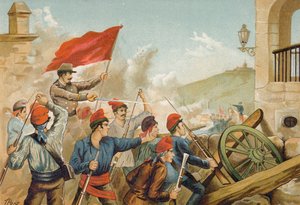 Kamp mellom republikanske frivillige og soldater, Sarria, Barcelona, 1874 av Spanish School