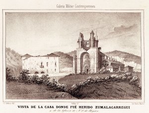 Første Carlist-krig (1833-1840): huset eller Carlist-general Tomas Zumalacarregui (1788-1835) ble skadet etter beleiringen av Bilbao av Spanish School