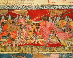 Fol.110r Kamp mellom grekere og trojanere, fra Codex Benito Santa Mora av Spanish School