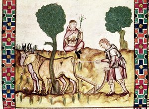 Fol.237r En bonde lærer sønnen å pløye en åker av Spanish School