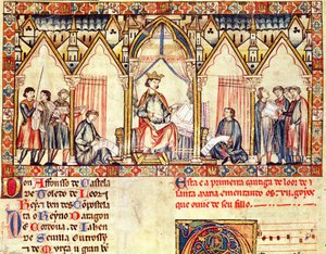 Fol.5r Hoffet til Alfonso X (1221-84) den vise, kongen av Castilla og Leon, miniatyr fra Cantigas de Santa Maria av Spanish School