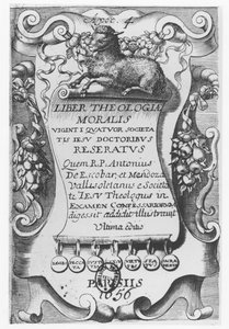 Frontispice for Liber Theologiae Moralis, av Antonio Escobar y Mendoza, 1656 av Spanish School