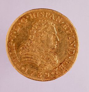 Gullmynt (8 ecu) fra Spania: regjering av Filip (Filippo eller Philippe) V (1700-1746). 1739 Diam. 3,6 cm Napoli, museo archeologico av Spanish School