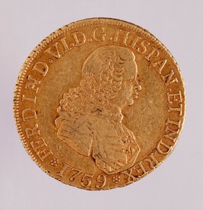 Gullmynt (8 ecu) fra Spania: Reign of Ferdinand VI (1746-1759). 1759 Diameter. 3,5 cm Napoli, arkeologisk museum av Spanish School