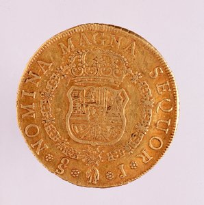 Gullmynt (8 ecu) fra Spania: Reign of Ferdinand VI (1746-1759). 1759 Diameter. 3,5 cm Napoli, arkeologisk museum av Spanish School