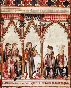 Gruppe av trubadurer, illustrasjon fra “” Cantigas de Santa Maria”””, laget under ledelse av Alfonso X (“Den vise”) konge av Castilla og Leon (1221-84) - Kongens hoff og musikerne. miniatyr fra et manuskript av Sangen om Saint Mary (Cantig av Spanish School