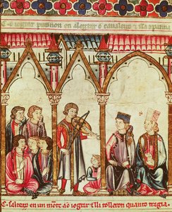 Gruppe av trubadurer, illustrasjon fra Cantigas de Santa Maria, laget under ledelse av Alfonso X (The Wise) King of Castille and Leon (1221-84) (se også 56625) av Spanish School