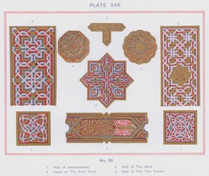 Hall of Ambassadors, Court of The Fish Pond, Hall of The Bark, Hall of The Two Sisters (farge litho) av Spanish School