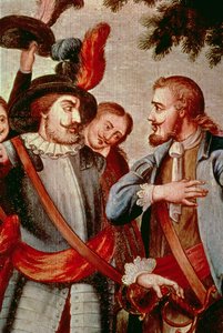 Hernando Cortes (1485-1547) og Diego di Velasquez (1465-1524) (olje på lerret) (detalj) (se 113574) av Spanish School
