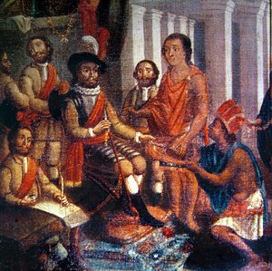 Hernando Cortes (1485-1547) mottar hyllest av aztekerne (olje på lerret) av Spanish School