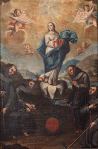 Ulastelig unnfangelse med hagebruksfransiskanere. Opprinnelsen til koret. Signert til venstre nederst "ADEVOZION DE DA TERESA, Sanchez Yepros?". 18. århundre. Juan Sánchez. av Spanish School