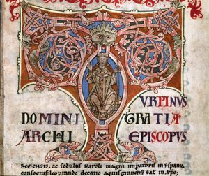 Innledende T med en skildring av Karl den Store, illustrasjon fra Codex Calixtinus, ca. 1140 av Spanish School