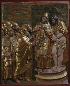 Jesus foran Kaifas, detalj av en renessansealtertavle (malt og forgylt tre) av Spanish School