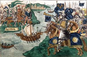 Kong Ludvig IX (1214-70) og korsfarerne ankom Kartago i 1270 (vellum) av Spanish School