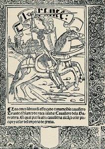 Ridder på sitt fjell, Frontispice av det spanske verket Tirant lo Blanc av Joanot MARTORELL (1413-1468) av Spanish School