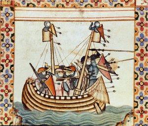 Les croises på vei til å beleire en Sarrazine-festning. Detalj av en side hentet fra et manuskript av Sangen om Saint Mary (Cantigas de Santa Maria), dekorerer miniatyrer dedikert til Saint Mary og hennes mirakler, en samling av sanger gjenopprettet under  av Spanish School