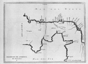 Kart over Mellom-Amerika (Panama) fra et spansk bind av reiser fra begynnelsen av 1600-tallet. Kartet er orientert på den eldgamle modusen (nord øst til øst) og Atlanterhavet kalles Nordsjøen og Stillehavets sørhav. av Spanish School