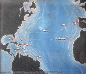 Kart som viser ruten til Christopher Columbus på hans første reise til den nye verden