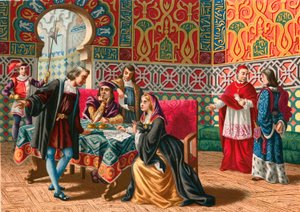 Møte mellom Columbus og Ferdinand og Isabel før oppdagelsesreisen av Spanish School