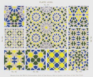 Mosaikker fra Hall of Ambassadors, Hall of Two Sisters, Hall of Justice og Court of the Fish Pond (farge litho) av Spanish School