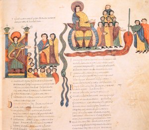 Moses og Aron foran farao, Moses med slangen og skapte en av Egypts plager ved å forvandle Nilens vann til blod med sin stab, fra den visigotisk-mosarabiske biblen