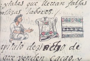 Fru Palat. 218-220 Bok IX En aztekisk kjøpmann som selger kapper, fra den florentinske kodeksen av Bernardino de Sahagun, ca. 1540-85 av Spanish School