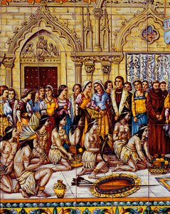 Indianere brakte følget av Columbus til Spania i 1492 (keramikk) av Spanish School