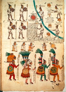 Side fra Codex Mendoza som viser aztekiske krigere bevæpnet med spyd og skjold, ca. 1541-42 (penn og blekk på papir) av Spanish School