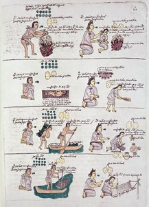 Side fra Codex Mendoza, som viser disiplin og gjøremål tildelt barn, Mexico, ca. 1541-42 av Spanish School