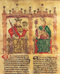 Pelagius (685-737), grunnlegger av Asturias-riket og hans barnebarn Fruela I (722-68) (pigment på vellum- av Spanish School